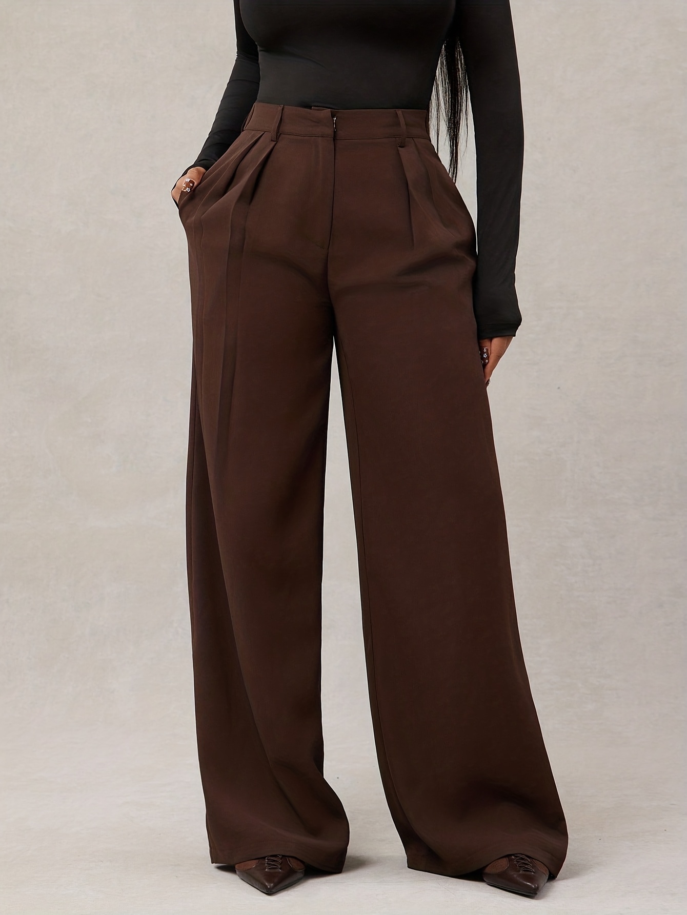 womens minimalist fashion brown high waist wide leg pants - Temu Kuwait