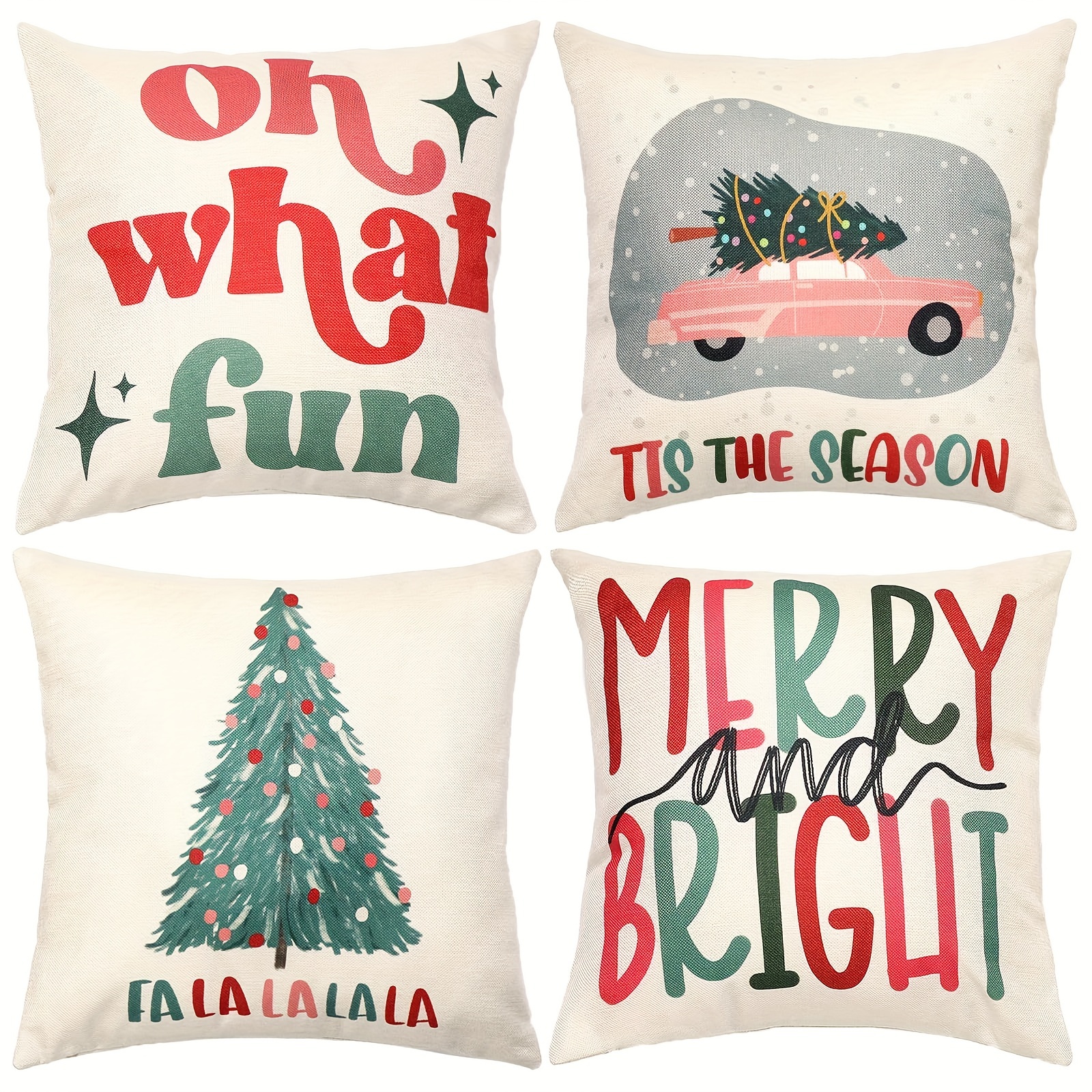 

4pcs Winter Christmas Pillowcase Set - Cozy & Festive White With Car, Gift & Tree Designs - Perfect For Sofa, Bedroom & Living Room Decor