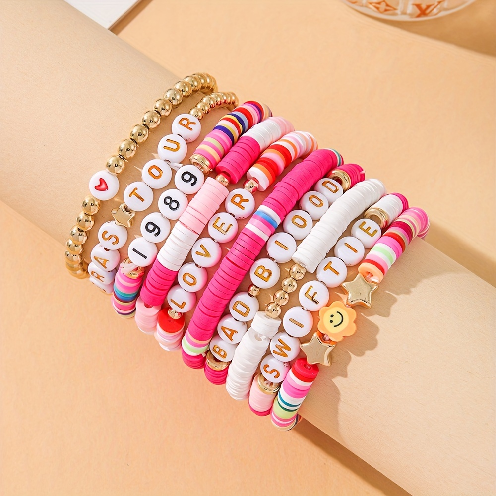 

10-piece Bohemian & Ethnic Style Pink Mix "lover 1989" Letter Beaded Bracelets, Ceramic Beads Wristbands For Women