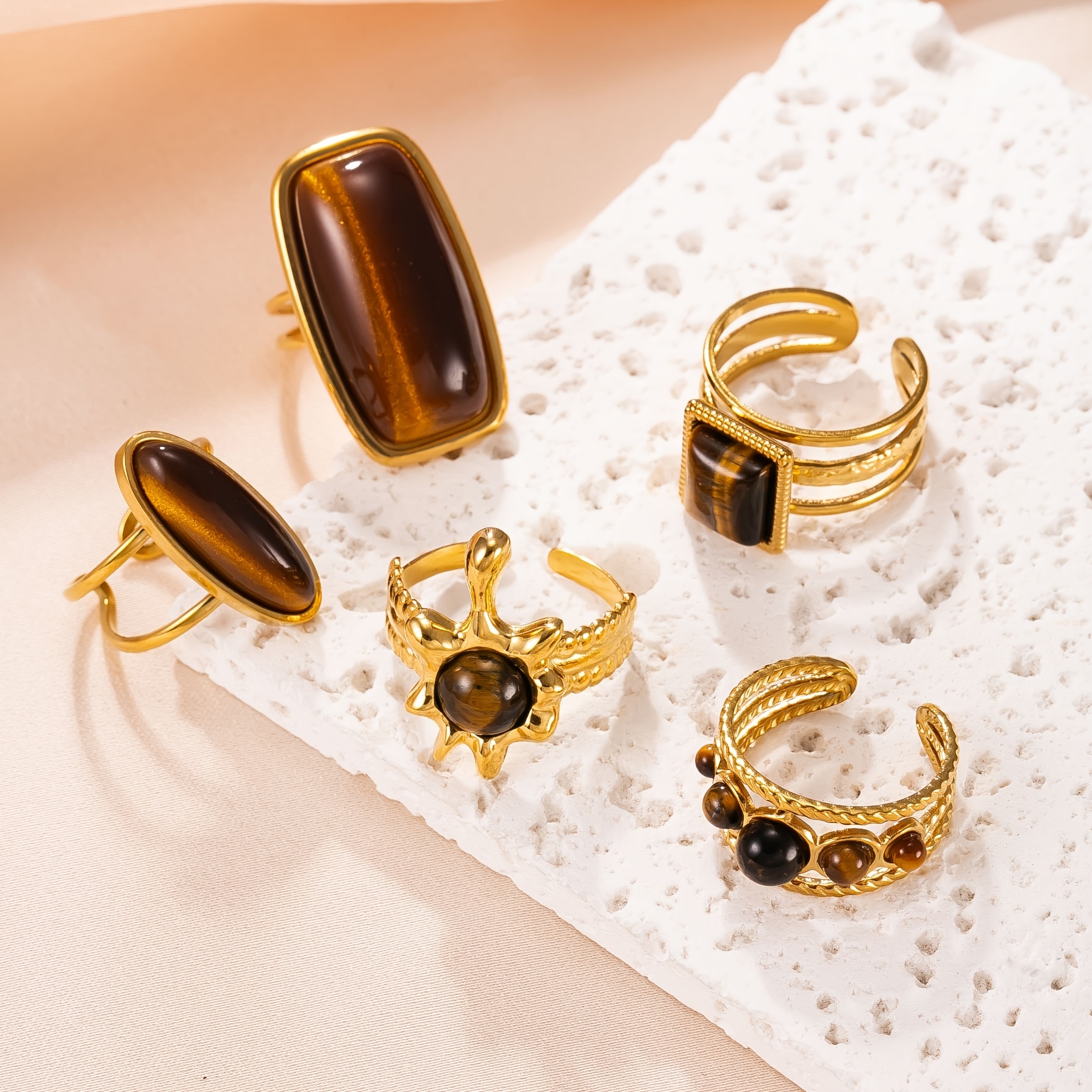 TEMU 5pcs Fashionable Stainless Steel Ring Set, Simple Golden Geometric Inlaid Eye Open-end Ring, Unisex Ring, Versatile Accessory For Daily And