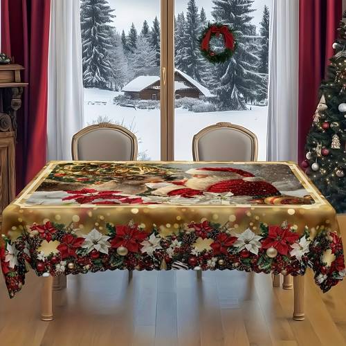 1pc of a cozy christmas tablecloth featuring a print of santa claus and reindeer in a snowy scene with floral patterns on the edges the vibrant colors enhance the festive atmosphere making it suitable for holiday gifts