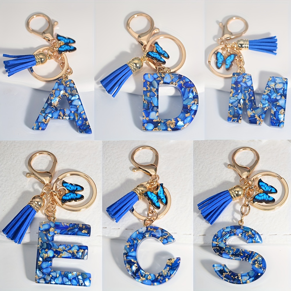 

1pc Alphabet Initial Letter Keychain Blue Butterfly Resin Key Chain Ring Bag Backpack Charm Car Key Pendant Women Daily Use Gift