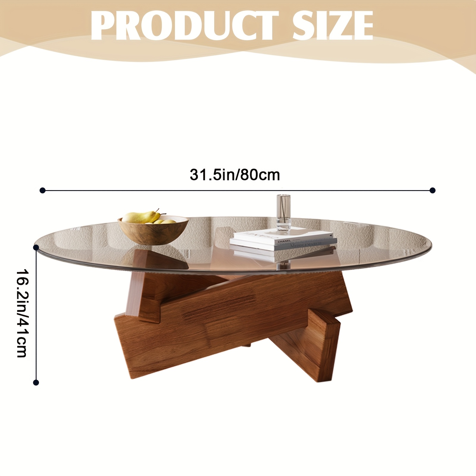 Round Glass Coffee Table With Geometric Wooden Base, 70cm Diameter Modern Living Room Small Coffee Table