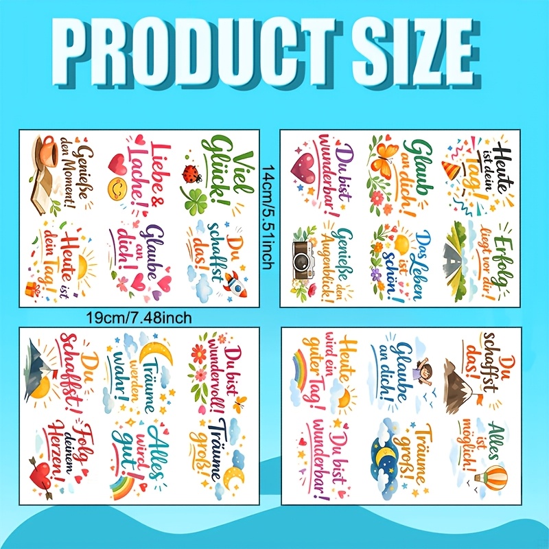 E-shop 4 Bögen/Set, Deutschsprachiges Lustiges Motivations-Transferpapier, Farbenfrohe Illustrations- Selbstklebende Transferfolie, Lebendige
