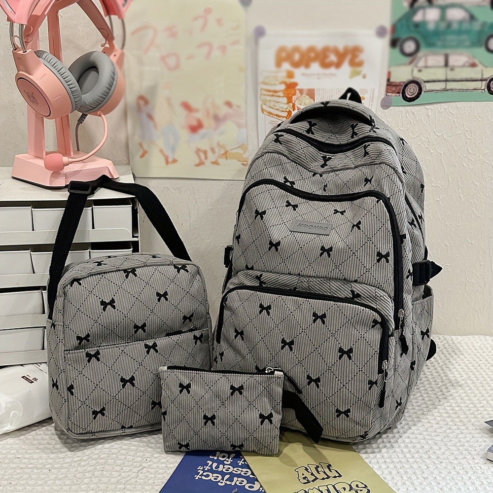 TEMU Three-piece Computer Bag Set: Japanese-style Ins Bow Backpack, Corduroy Large-capacity School-style Backpack, Korean Trend Autumn-winter New
