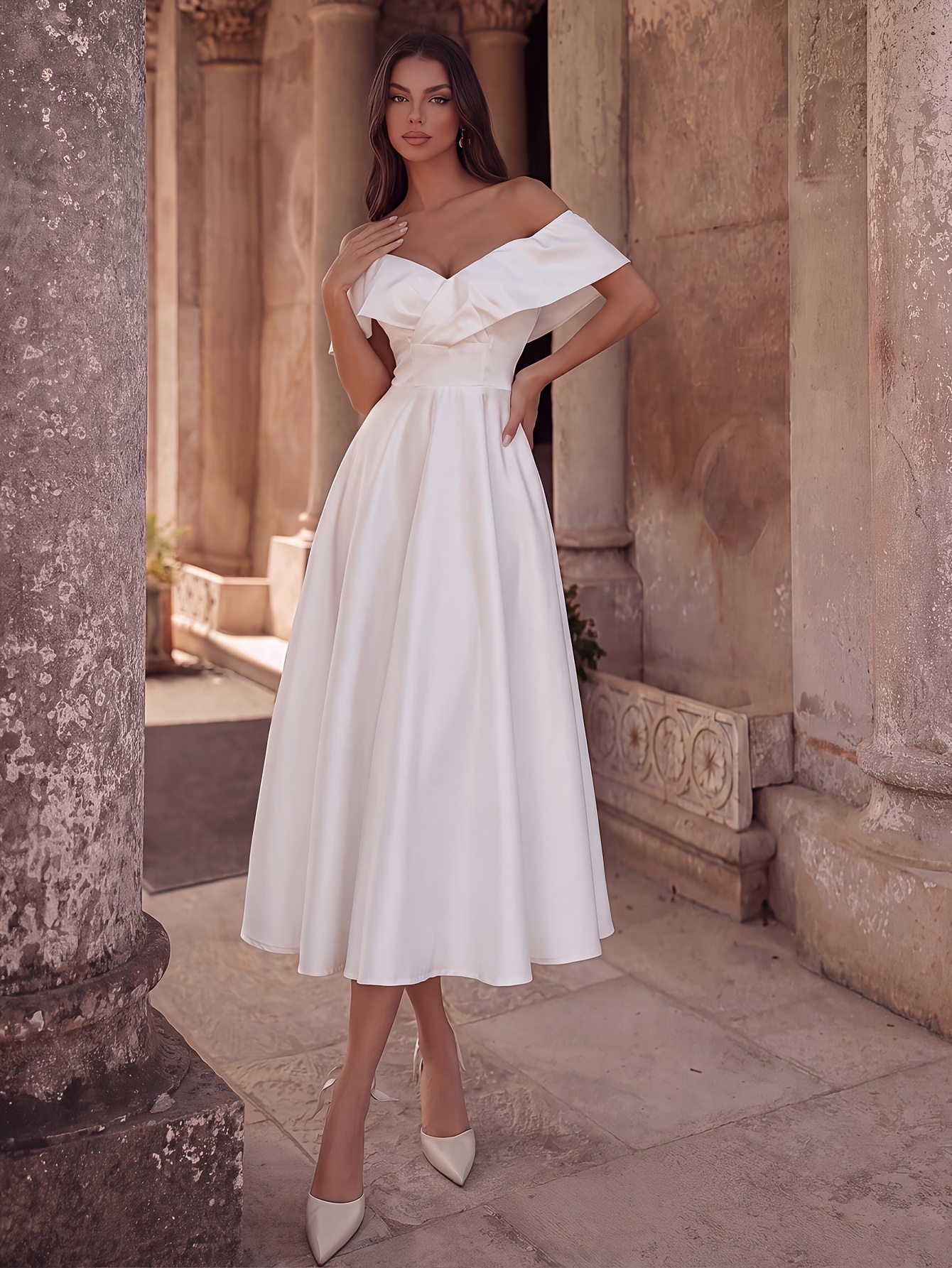 graduation dress white maxi Off-the-Shoulder Ruffle Hem in white graduation dress long