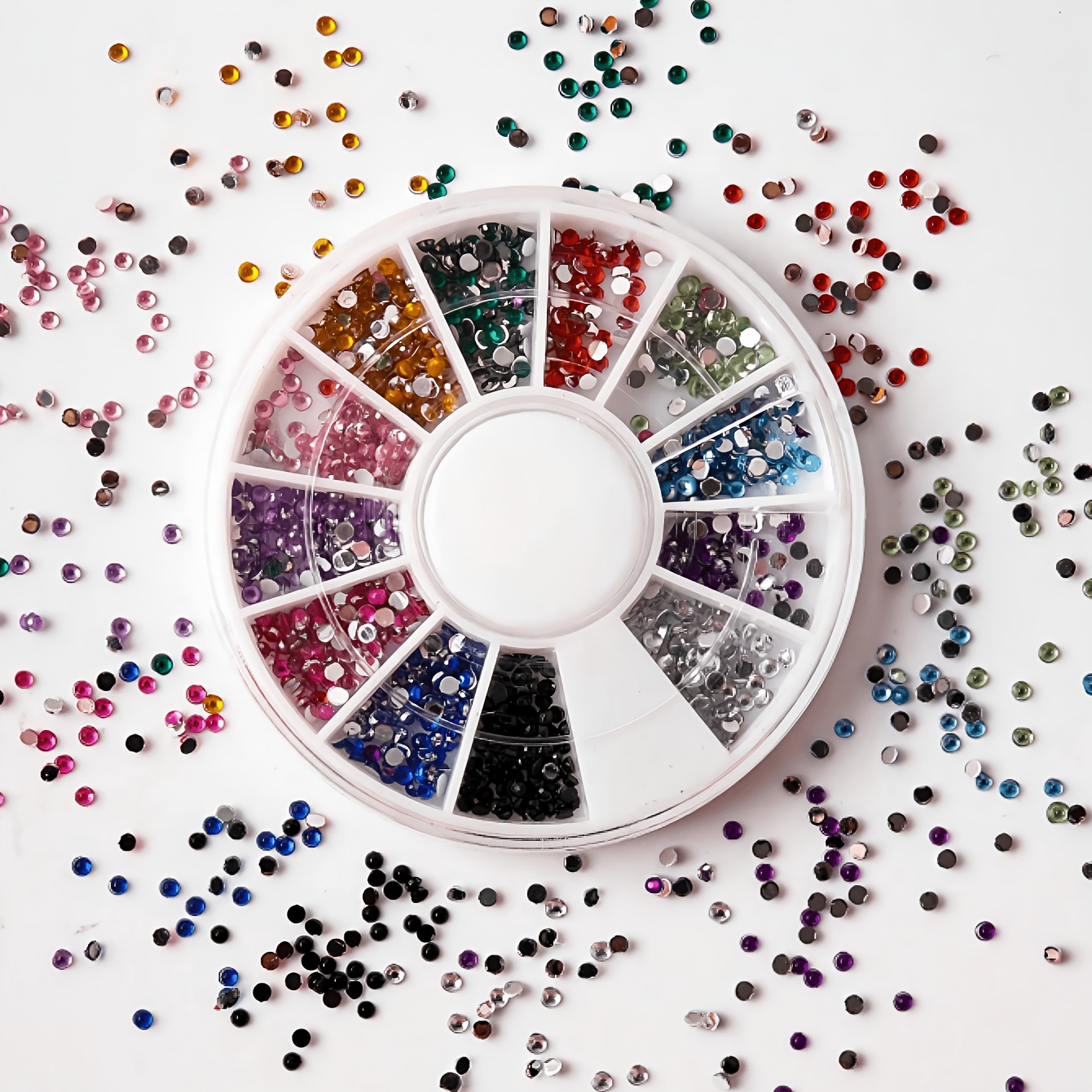 TEMU Boîte circulaire de 1 boîte/12 grilles pour décoration de nail art, strass semi-circulaires à fond plat de 12 couleurs, breloques à ongles DIY,