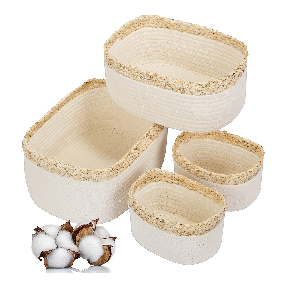 Image of Cotton Rope Woven Storage Basket, Set Of 4, Bathroom Changing Table Accessory Organizer, Woven Bathroom Storage Basket For Decoration, Towels, Wet Wipes, Clothes Storage Basket, Shelf Baskets