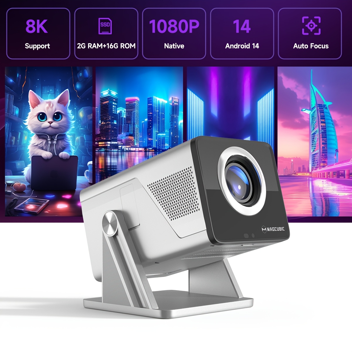 Magcubic 14 Projector Adjustable 180° Stand Rotating 1000ansi Local 1080p Support 8k Bt5.2 Built-in 5w Speaker With Auto Correction Projector For Phone Video Office Presentations