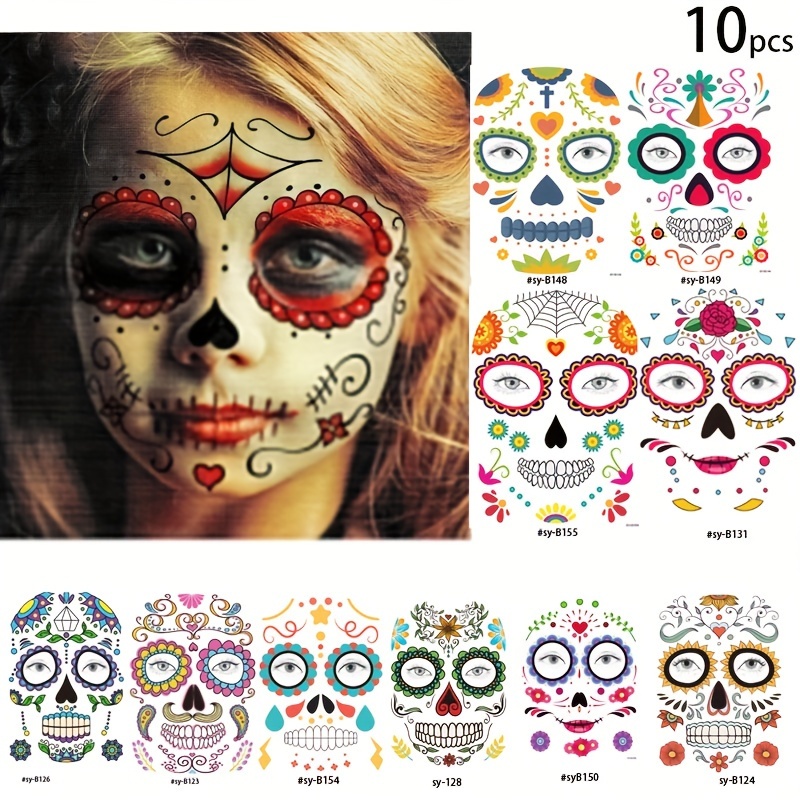 

10pcs Temporary Tattoo Stickers, /dia De Los Muertos Themed, , Face Makeup, Eye Decorations, Celebration Party Supplies, Rectangular Shape, Beauty &