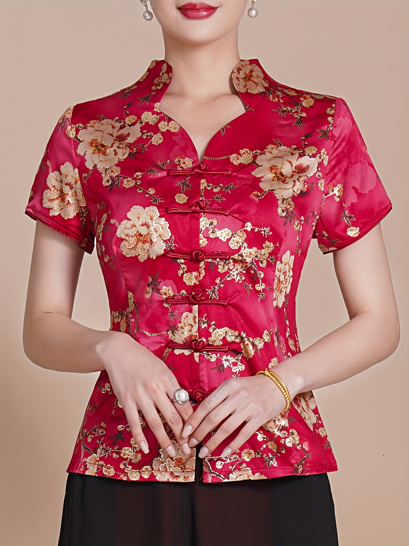 【別注】dahl’ia × 6 SUKE CHINA MOTIF BLOUSE Tang Qipao in black silk-wool | Shanghai Tang