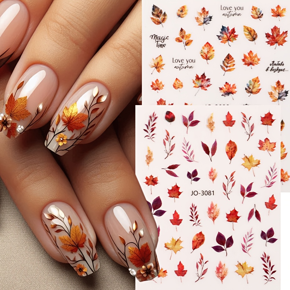 TEMU 2pcs Autumn Nail Art Sticker Featuring In Red And Yellow Autumn-themed Nail Decals Perfect For Self-adhesive Seasonal Nail Art Decoration