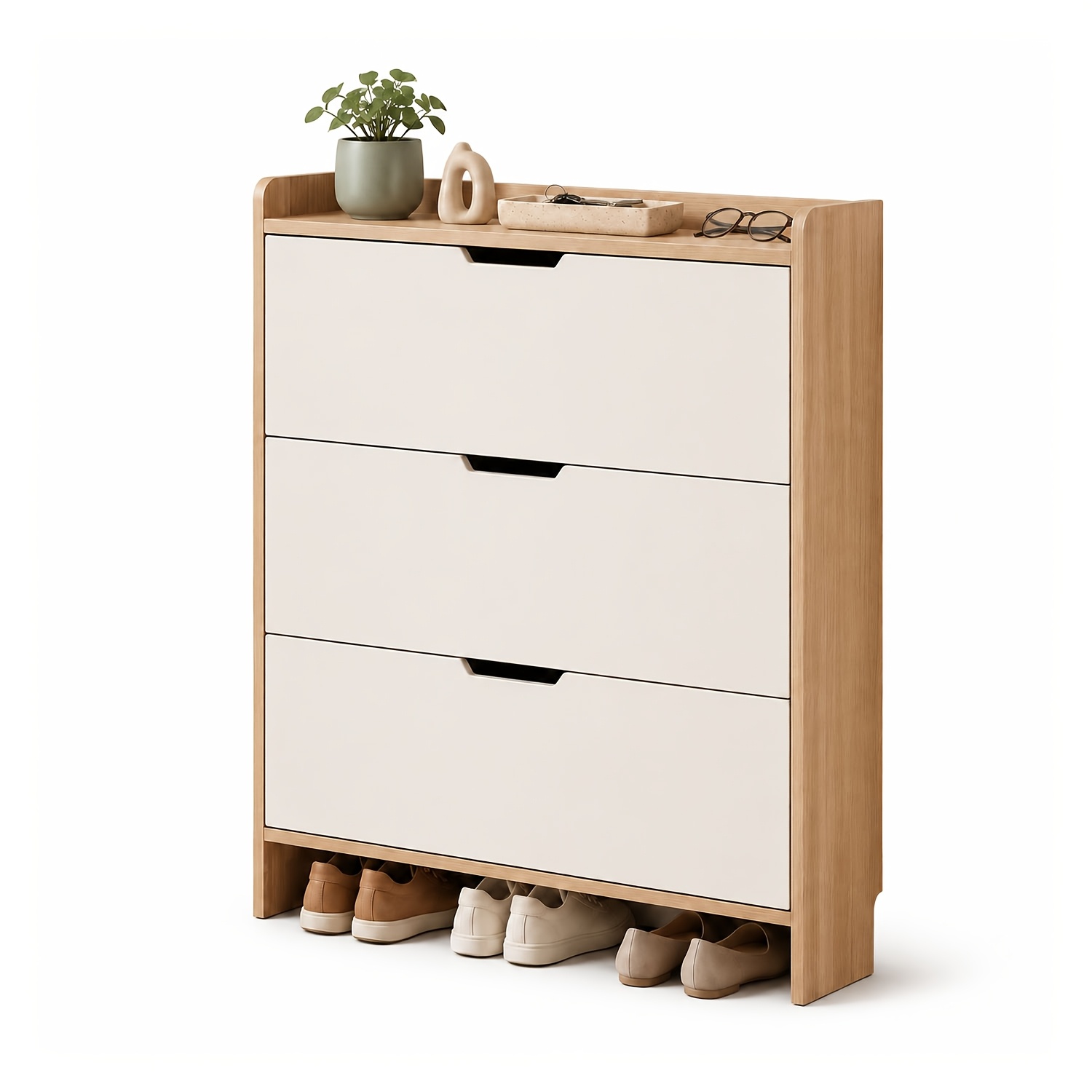Image of Slim Entryway Shoe Cabinet; Floor-standing Design Featuring 3 Tilt-out Compartments And A Top Shelf; Wall-mountable; Ideal For Small-space And .