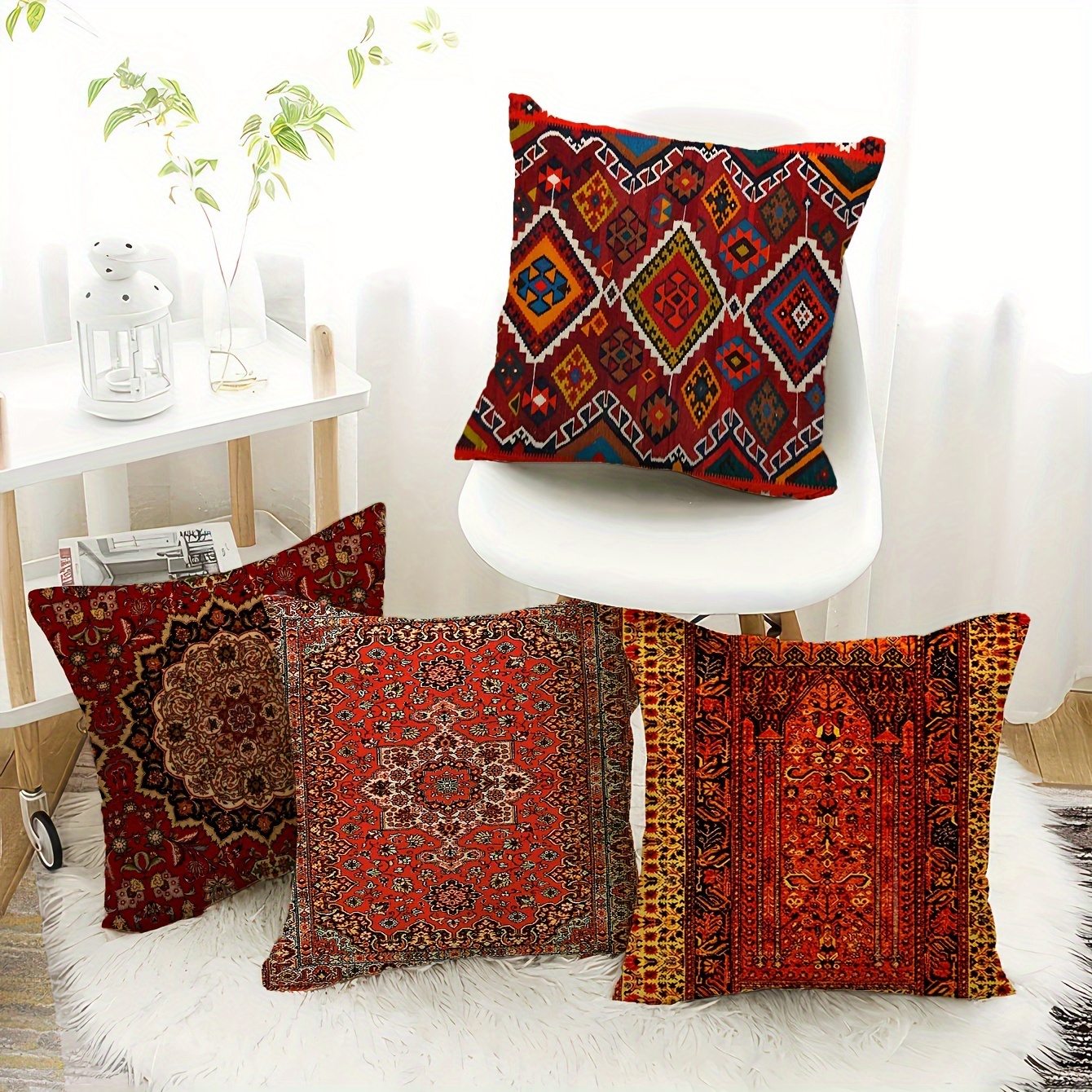 

Bohemian Style Throw Pillow Covers Set Of 4 - Soft Polyester Knit Fabric, 18" X 18" Decorative Cushion Cases With Zipper Closure, Machine Washable, Versatile For Home Decor - Assorted Unique Patterns