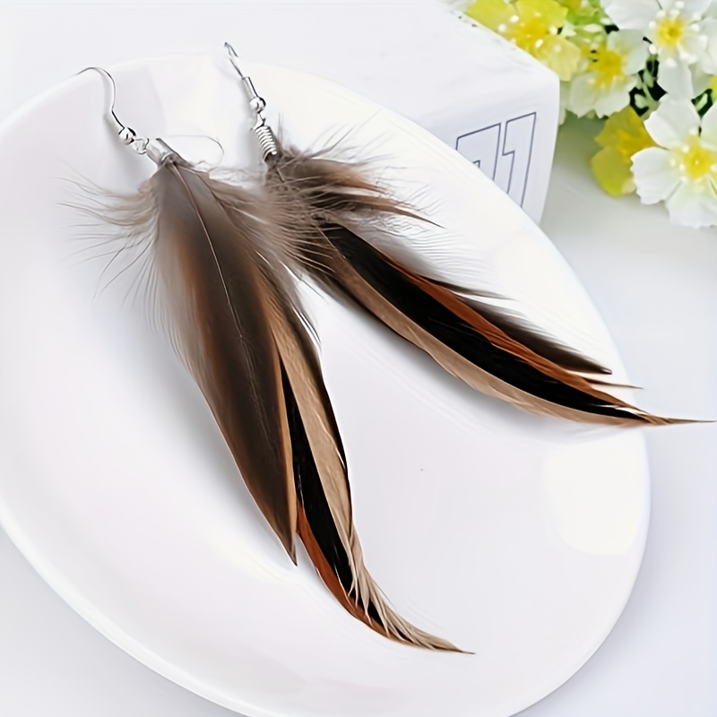 TEMU Artificial Feather Bohemian Style Brown Feather Pendant Earrings, Suitable For Women And