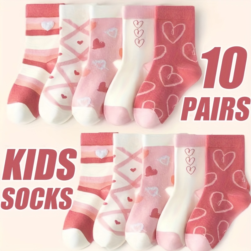Image of 10-pack Girls' Pink Heart Sweet Mid-calf Socks For Children Under 12, Wear