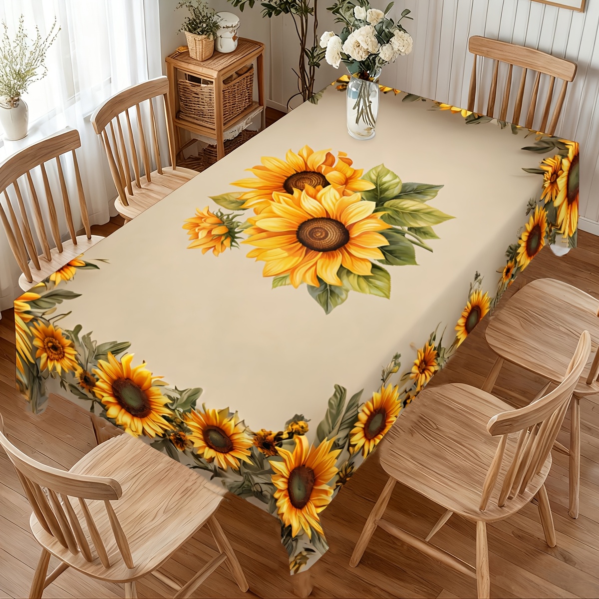 TEMU Tablecloth 2d Flat 1pc Spring Summer Yellow Sunflower Print Tablecloth Common Vibrant Festive Packaging And Green Leaves For Parties, Terrace