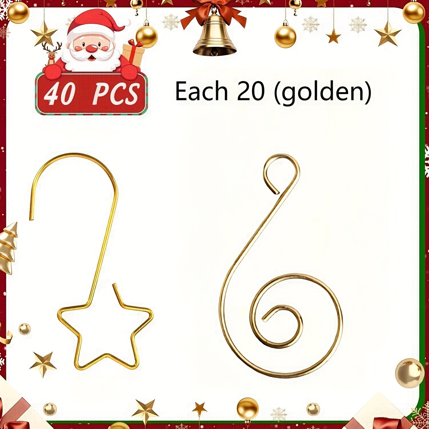 TEMU 40pcs Of Golden Christmas Decoration Hooks, Including 20 Star-shaped And 20 Hooks, Approximately 2inch In Length, Suitable For Christmas Tree