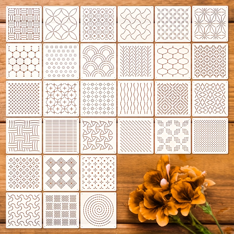 E-shop [Geometrisches Schablonen-Set] 30 wiederverwendbare geometrische -Stickschablonen | Strukturierte Muster für Kunstprojekte, ideal für