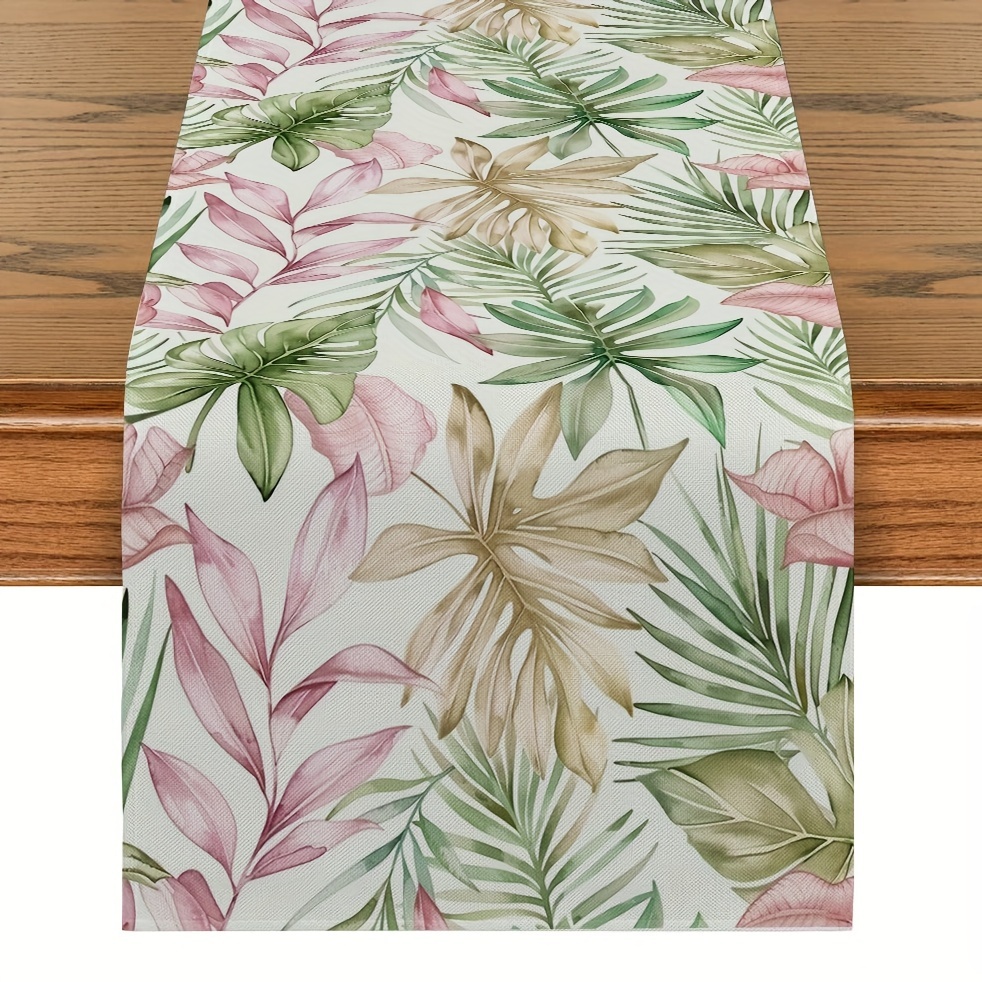 TEMU 1pc, Table Runner, Tropical Plants & Monstera Watercolor Printed Table Runner, Polyester Summer Theme Table Runner, Dining Table Decor