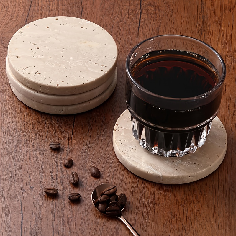 Set of 4 Natural Travertine Marble Coasters with Non-Slip Cork Backing - Round Stone Drink Coasters Suitable for Tables, Stain & Scratch Resistant, Elegant Natural Stone Table Protectors, Housewarming Wedding Gift, Durable & Aesthetic