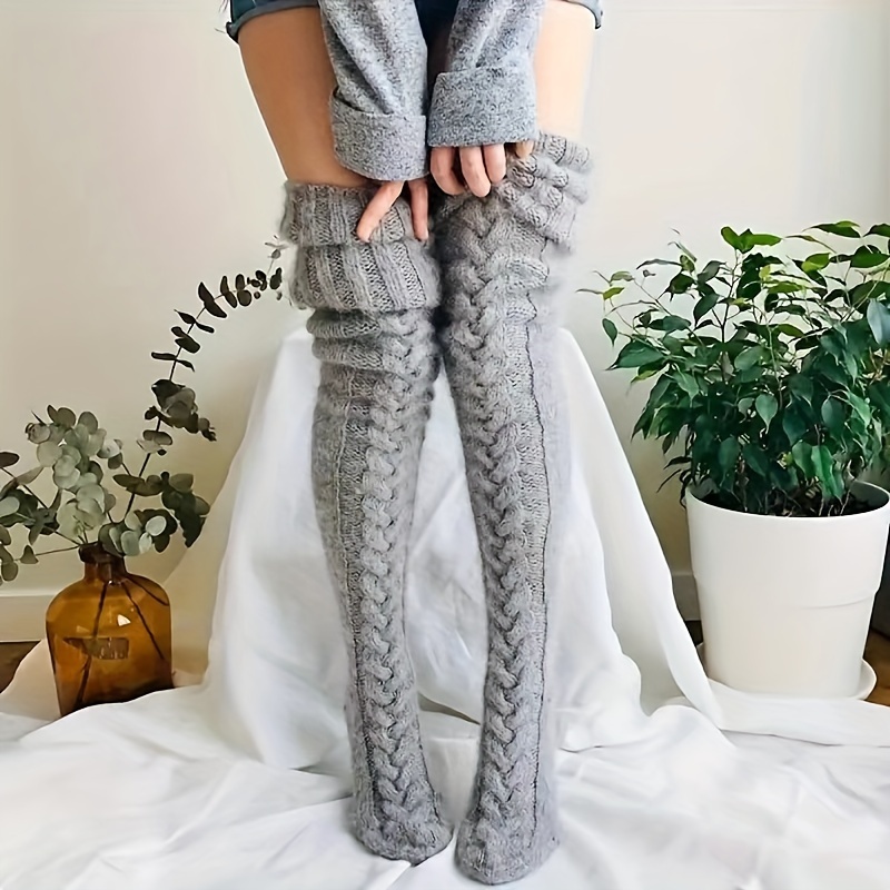 

Women's Knitted Thigh-high Stockings - 100% Acrylic Cozy Over-the-knee Winter Leg Warmers, Solid Color, Knit Fabric, Required