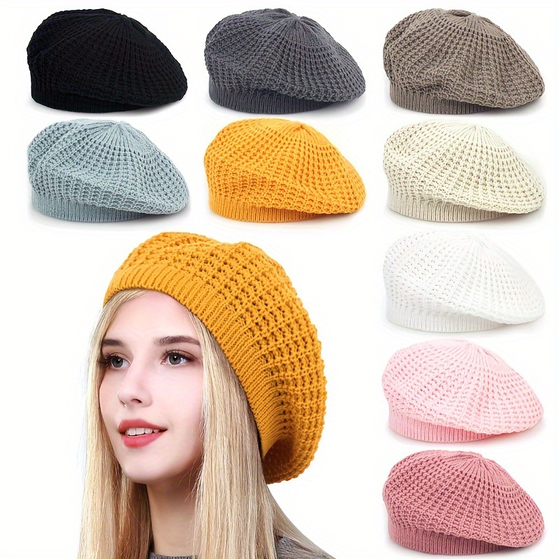 

1pc Fashionable Women's Knit Beret Hat, 100% Acrylic Breathable Inelastic Solid Color Daily Use Cap With Hand Wash Care Instructions