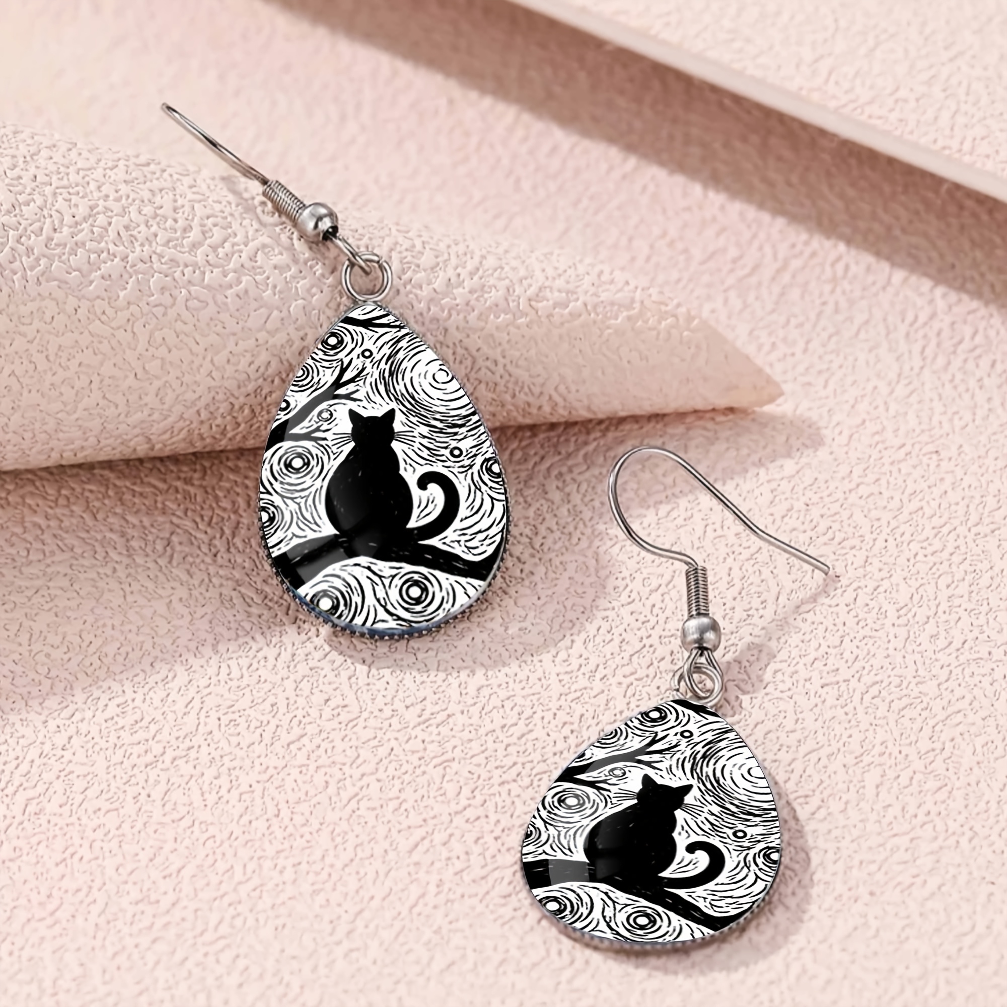 Women's Starry Night Vortex Black Cat Pattern Teardrop Earrings