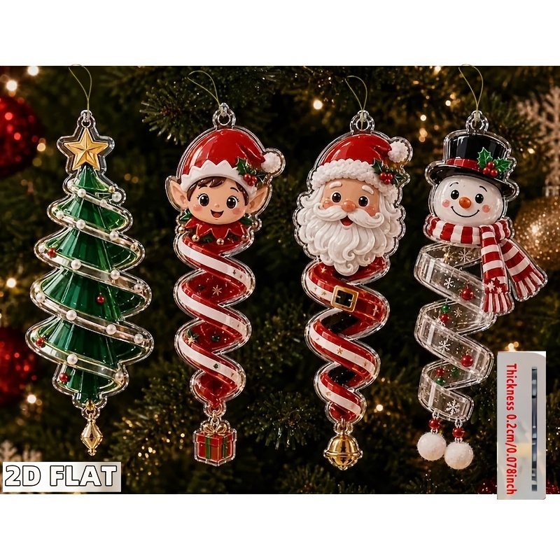 TEMU 2d Flat 4pcs Christmas Spiral Acrylic Ornament, Cute Santa Snowman Christmas Tree Ornament, Holiday Hanging Decor, Festive Christmas Gift