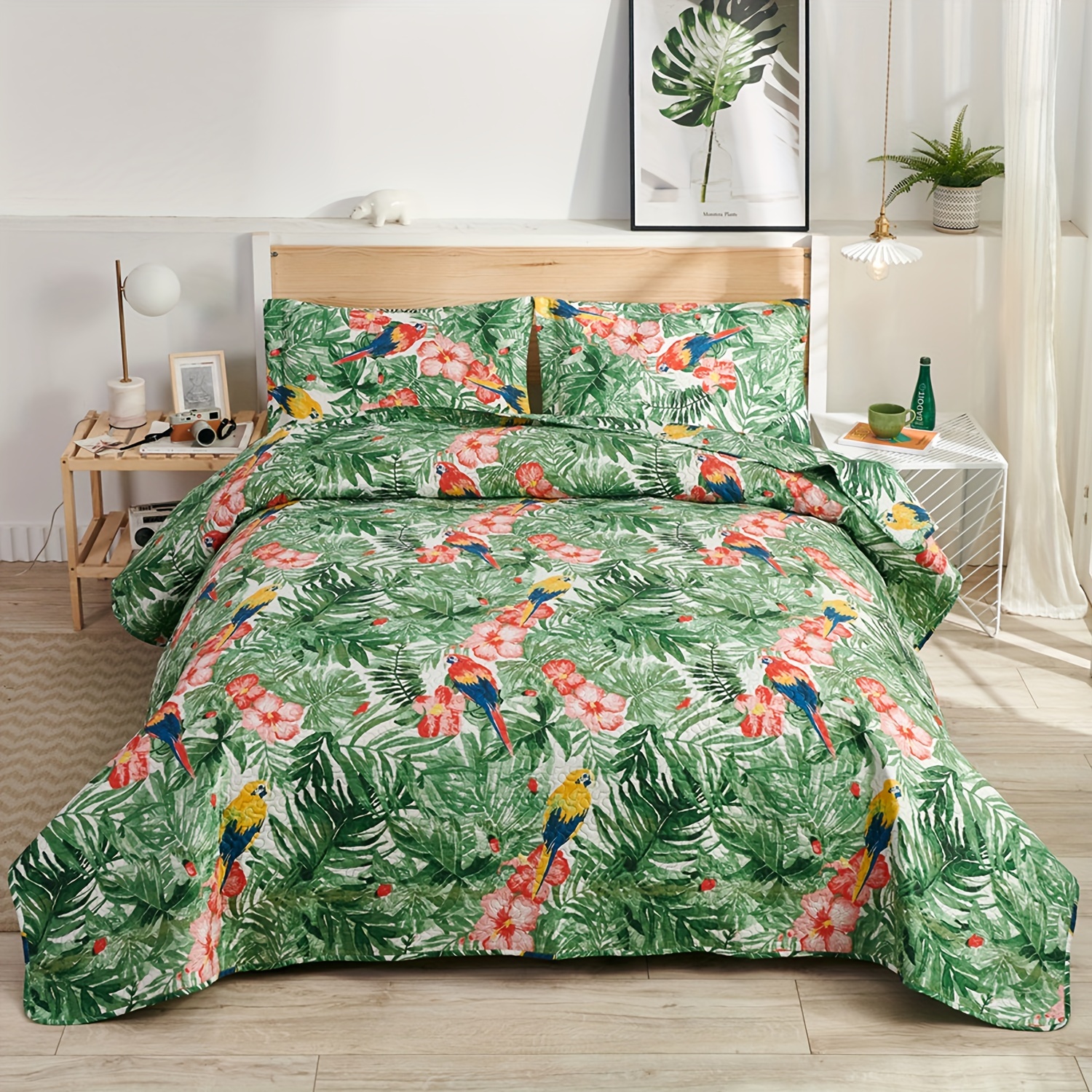 

Tropical Plants Quilt Set 3 Pieces, Rainforest Style Reversible Bedspreads Bedding Sets, Soft And Lightweight Bed Coverlet For All Season