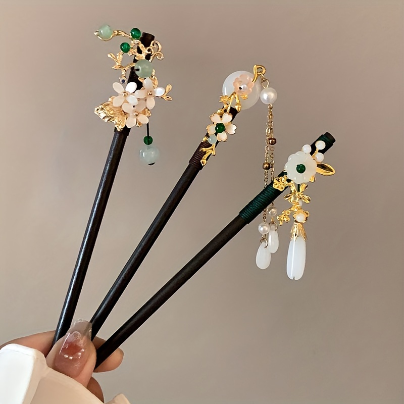 TEMU Set Of 3 Wooden Bead Tassel Hair Sticks, Vintage Hairpins For Women, Elegant Additions For The Back Of
