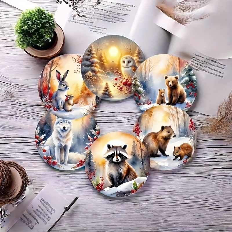 TEMU 6pcs Set Of Forest Animal Wooden Coasters, Tea Cup Pads, Coffee, Drink Mug Pads, Heat-resistant Pads, Suitable For Home And Restaurant