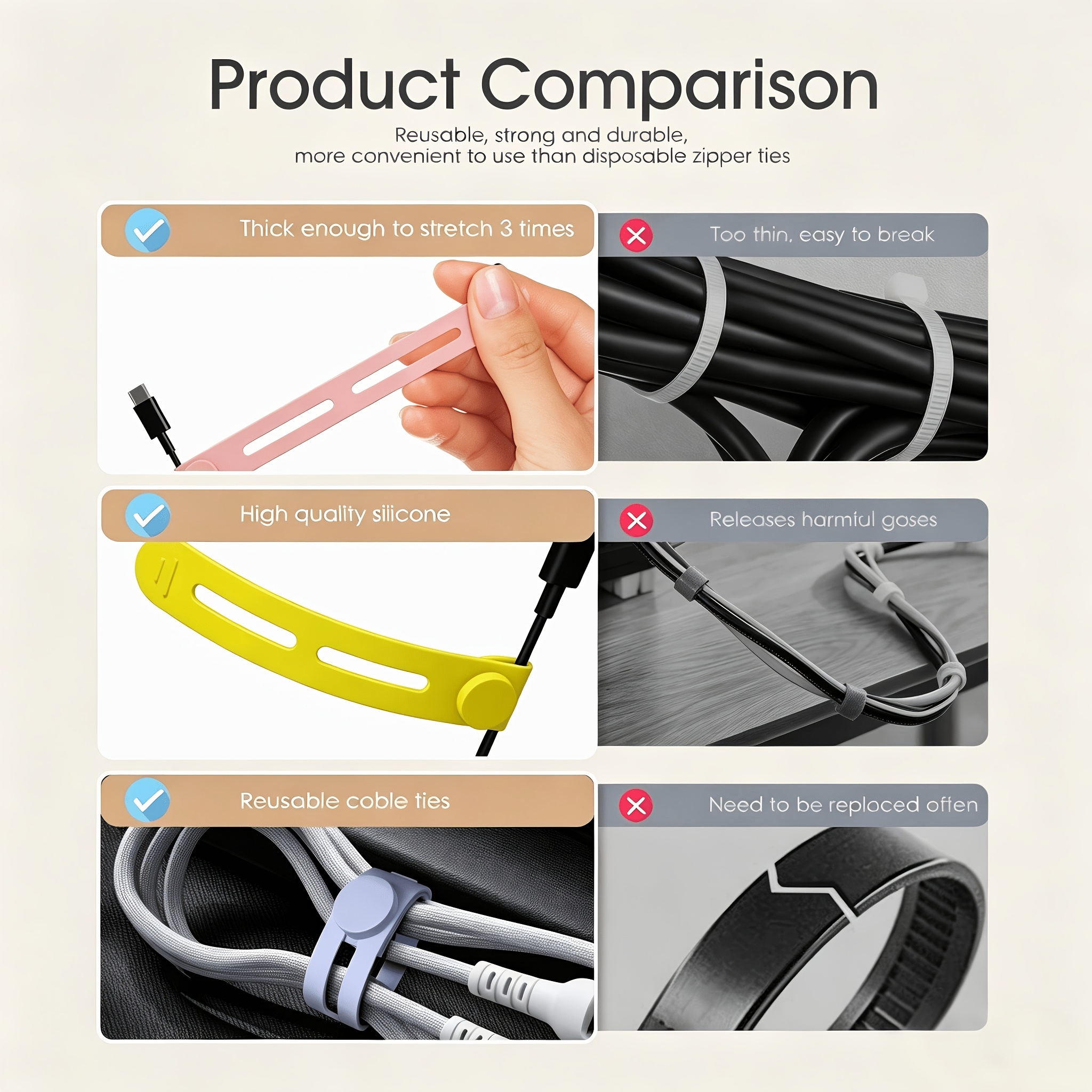 TEMU Reusable Silicone Cable Ties Random Color Self-locking Fastening Durable Organizer For Charging Cables Headphones Desktop Office Wire Management