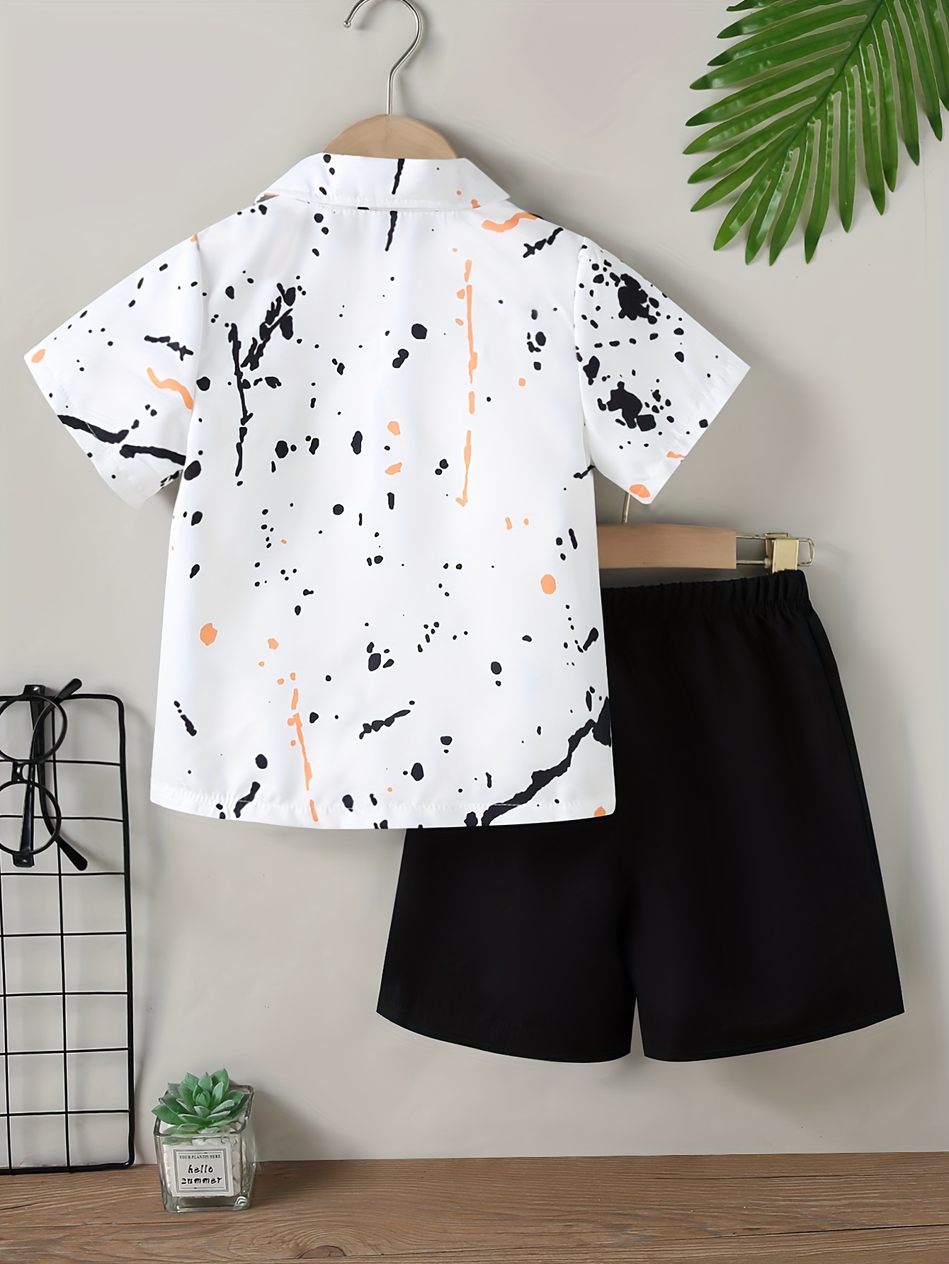 Summer Set for Boys with Splashed Ink Printed Short Sleeve Shirt + Plain Color Shorts