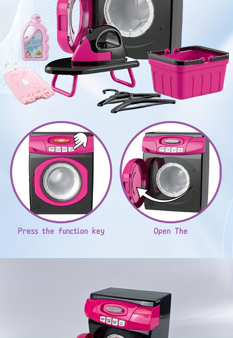 Pretend Play Washing Machine Toy Set – Includes Laundry Basket, Detergent, Iron, Hanger, Fabric & More – Educational Role-Play for Ages 3+ – No Batteries Included