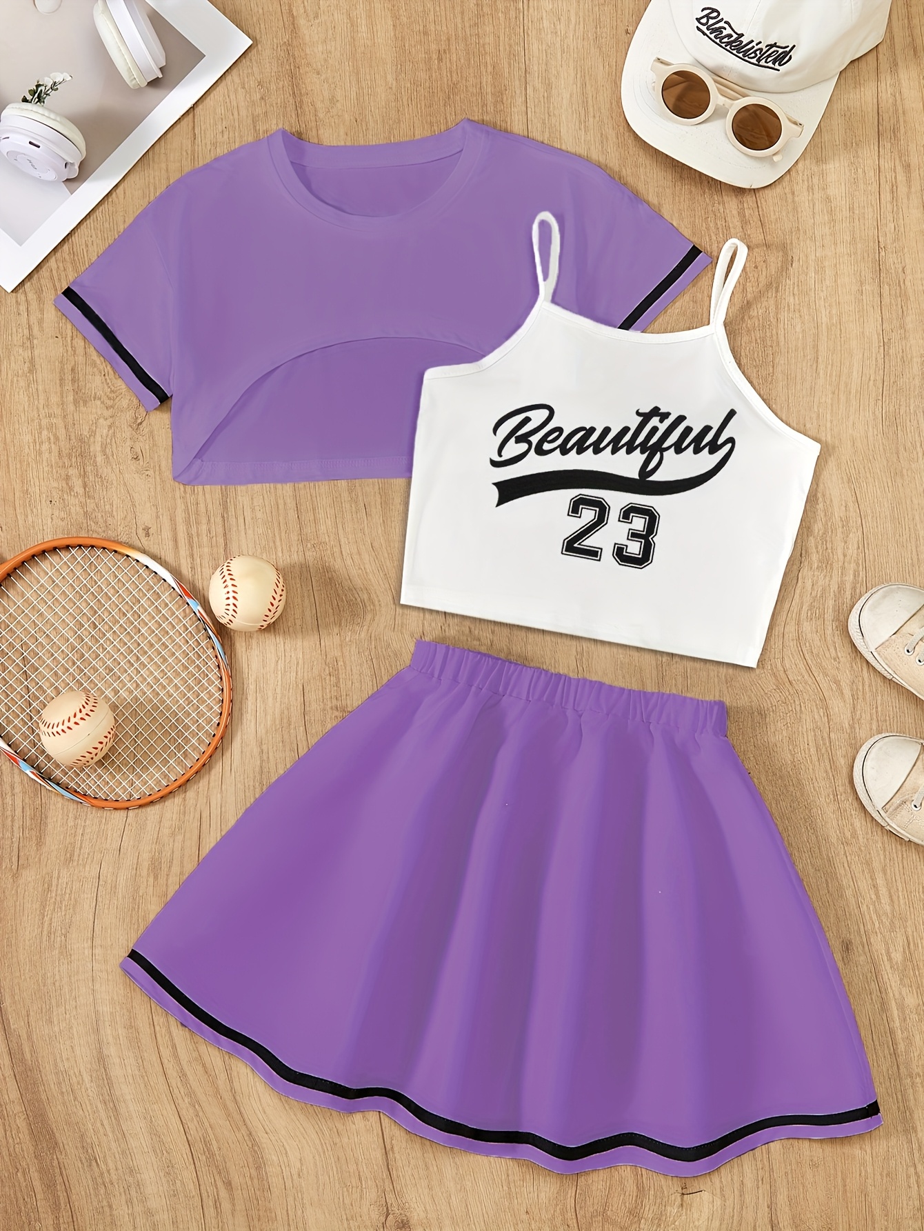 Girls' Youth Summer Sports Casual College Style, Color Block Short Sleeve  Letter Print Cami Athletic Skirt Set of Daily Outdoor Wear, School 