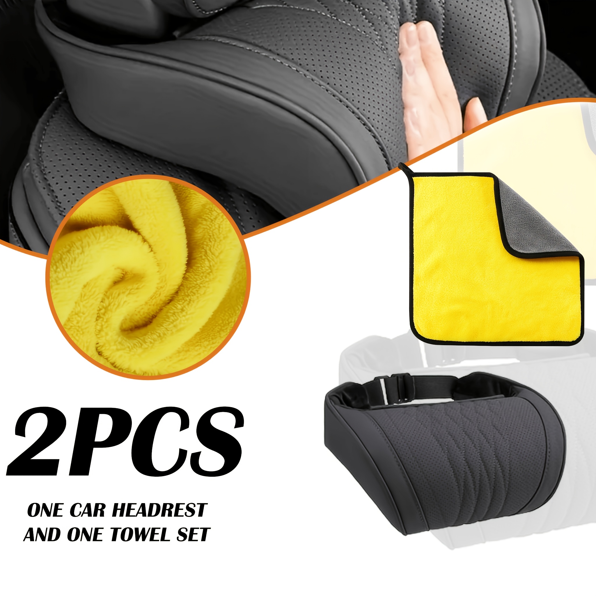 TEMU Ensemble de 2 pièces : 1 Oreiller de voiture noir pour la nuque + 1 Parure de serviettes, Appui-tête en cuir PU, Coussin , Oreiller pour la