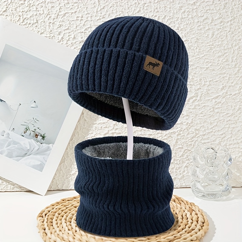 TEMU Elk Brown Small Label Solid Color Striped Hat Scarf Set Unisex New Winter Thickened Ear Protection Warm Hat Two-piece Set Plus Velvet Cold-proof