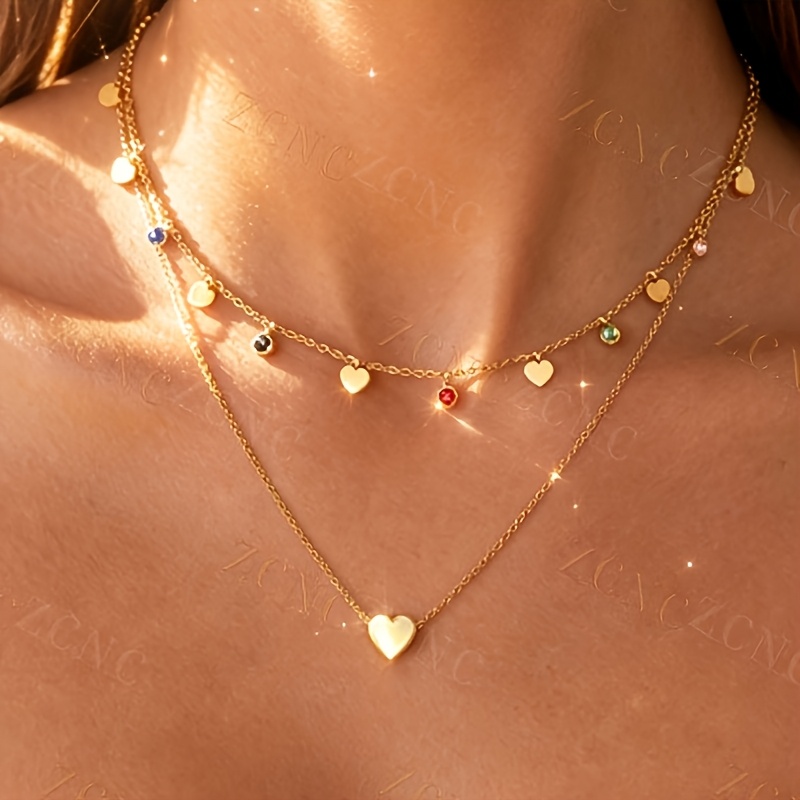 TEMU Znice Ensemble de 2 pièces Collier pour femme en acier inoxydable Moody plaqué or avec pendentif cœur coloré au design , convient pour un , les