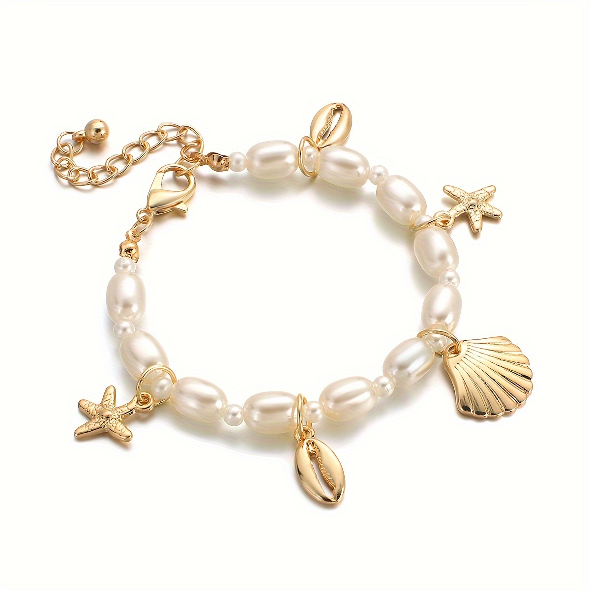 

Bohemian Style Faux Pearl Beaded Bracelet, Seastar Seashell Charm Pendant Link Chain Bracelets Summer Beach Hand Jewelry For Women