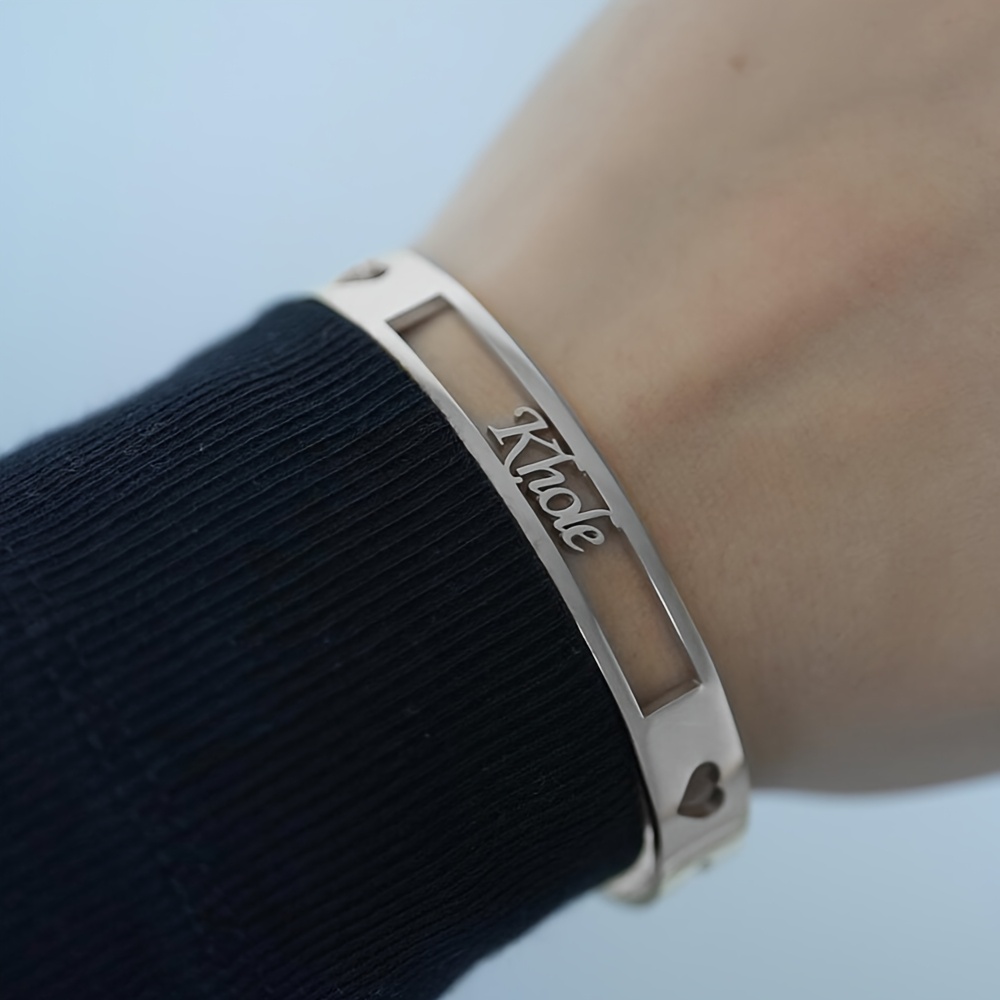 TEMU Custom Engraved Name Bracelet, Stainless Steel Hollow Heart-shaped Bracelet, Adjustable Open Bangle, Elegant Women's Jewelry, Suitable For Daily