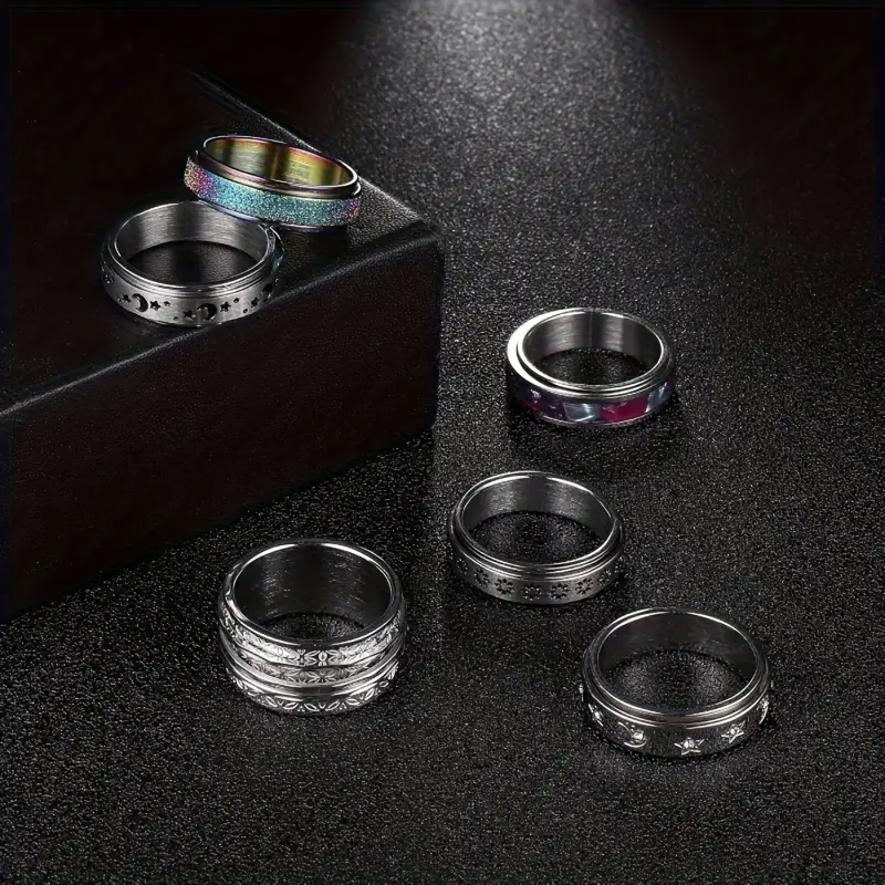 6pcs fidget rings for anxiety 316l stainless steel spinner band rings for women fidget anxiety rings star blast finished cool stress relieving rings set Product details 1