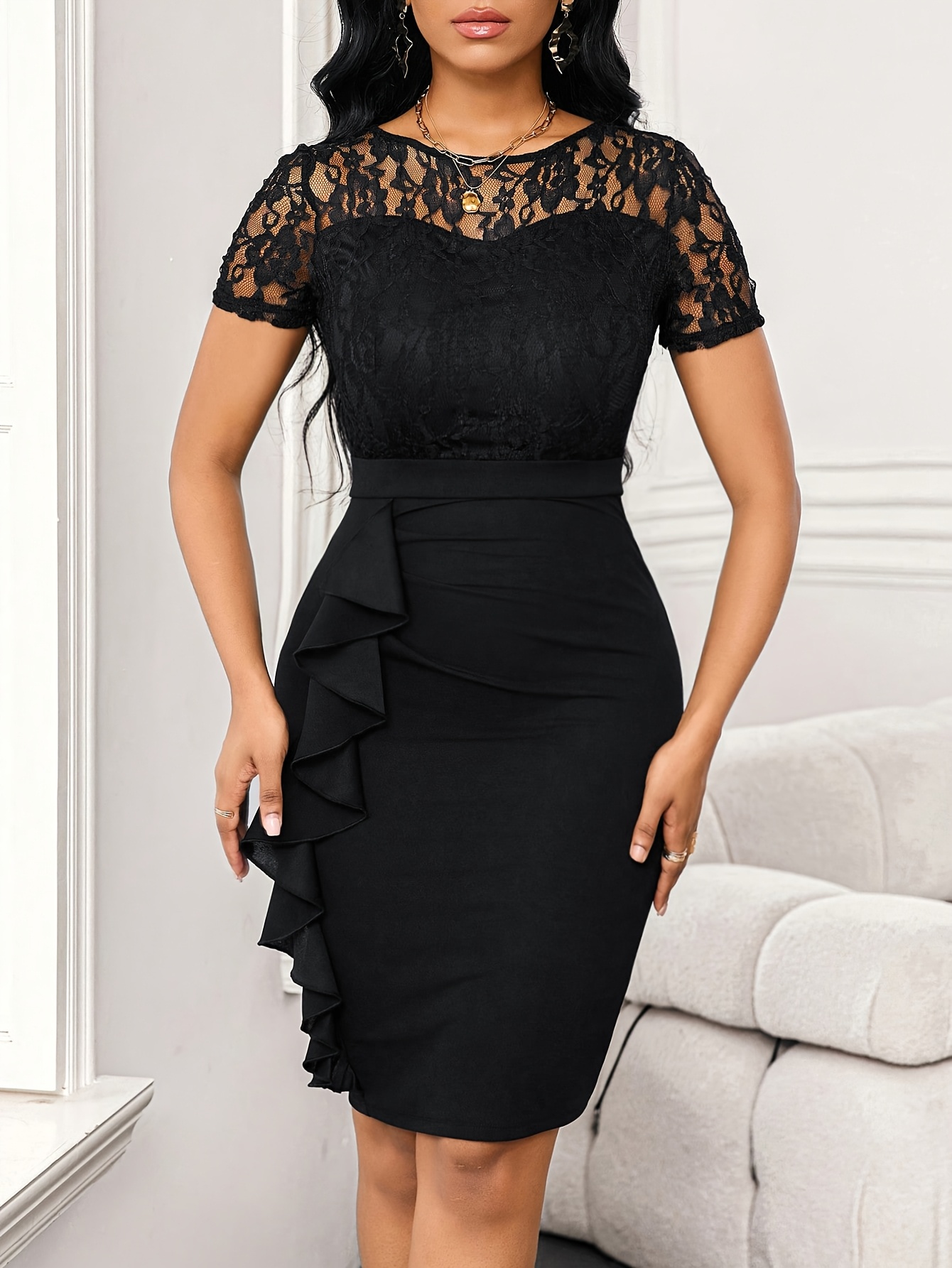 a stylish elegant black lace insert bodycon dress women - Temu Oman