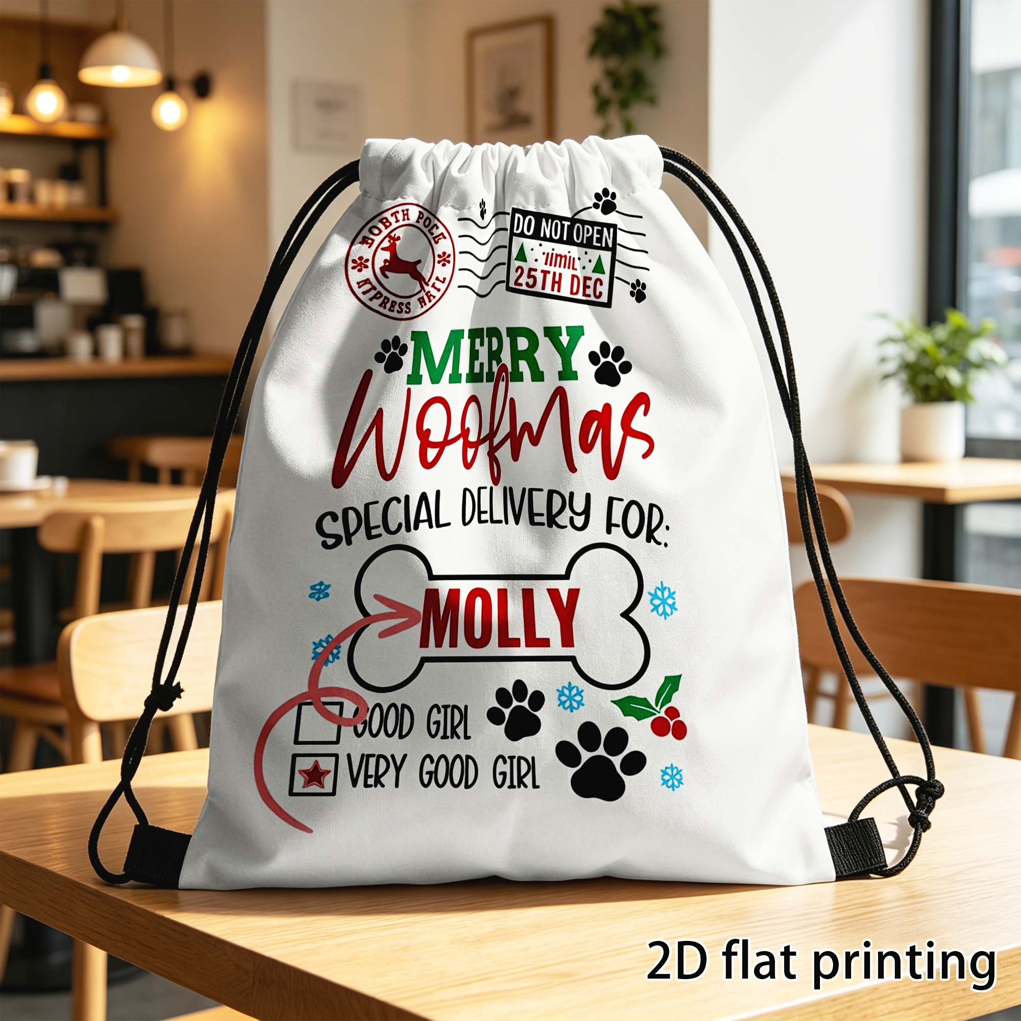 TEMU 2d Flat, 1pc Customizable Double-sided Drawstring Bag, Gift For Her/him Personalized Custom Pet Dog Name Merry Woofmas Christmas Stocking Santa