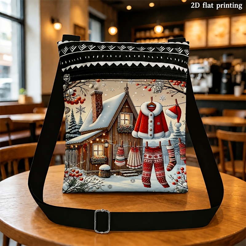 TEMU 2d Flat Crossbody Bag Suitable For Men And Women With Adjustable Straps And Zipper Closure, Unisex Crossbody Bag With Christmas Snowy Cottage &