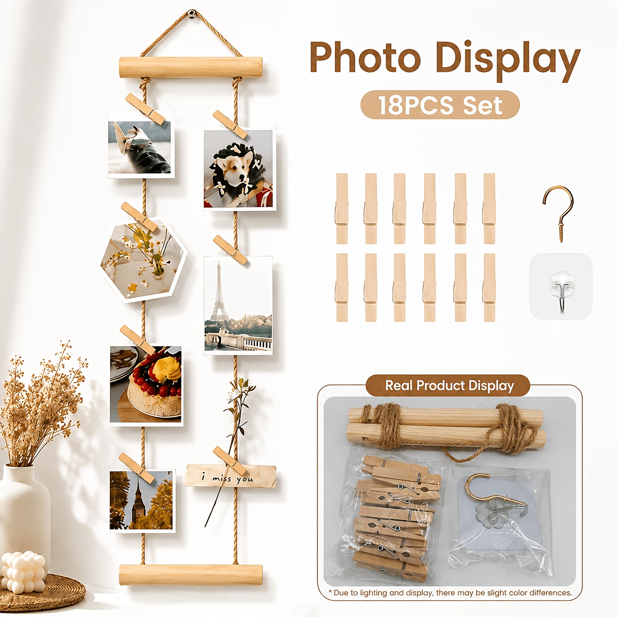 TEMU 18-delige wandmontage fotoweergaveset, inclusief 1 ophangrek + 15 fotoklemmen + 1 zelfklevende haak + 1 metalen haak - Natuurhouten fototouw om