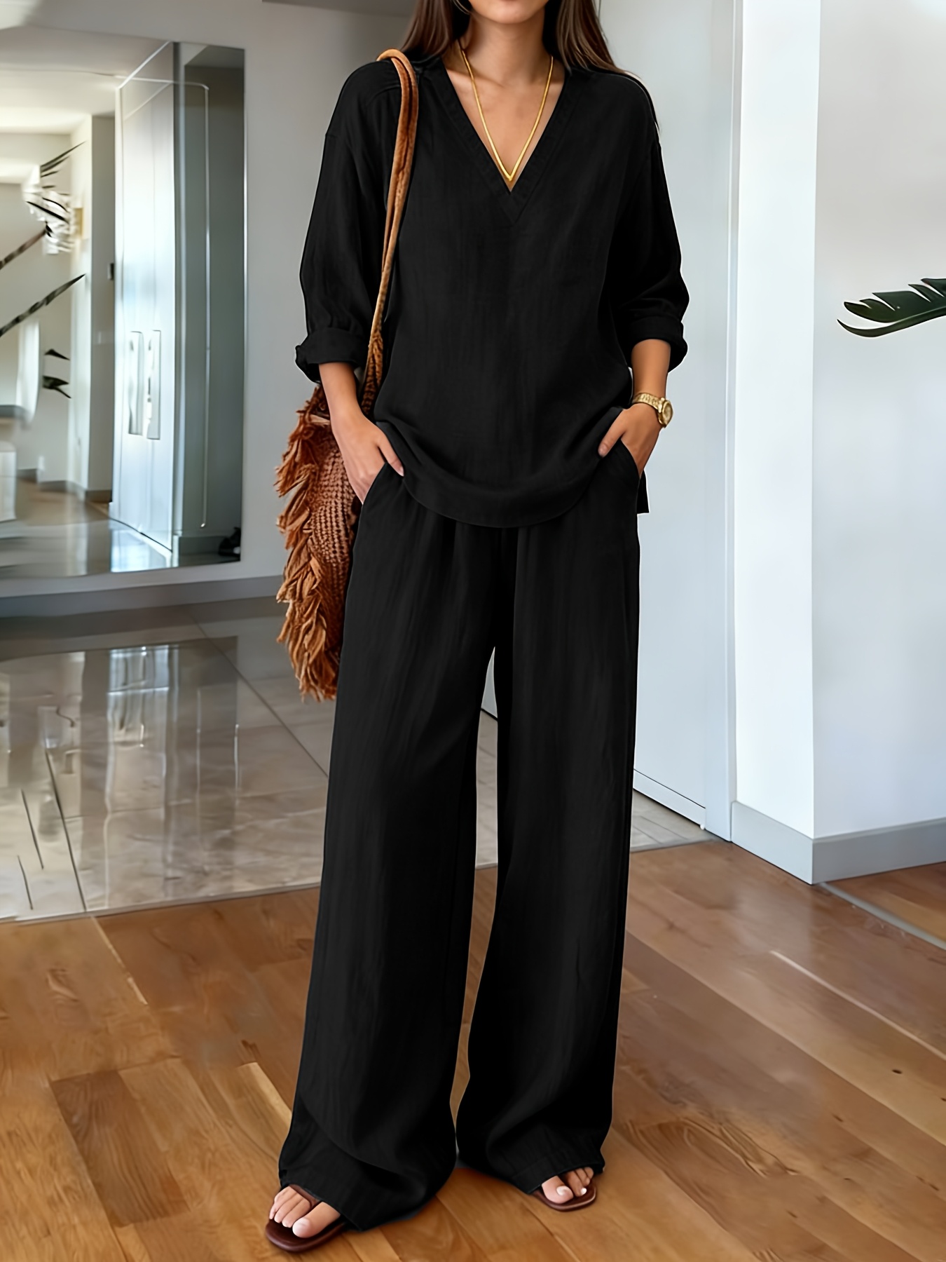womens casual v neck pullover long sleeve pants set