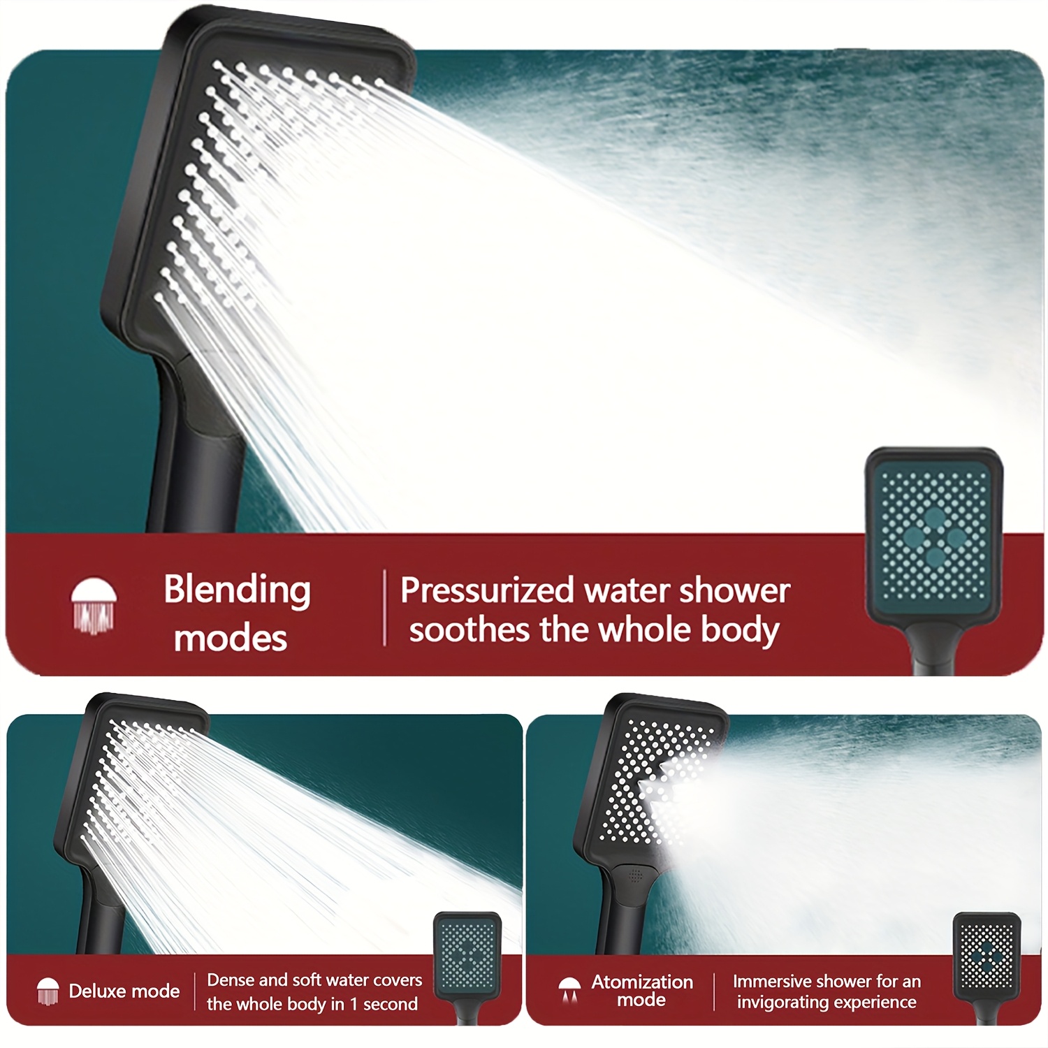 3pcs Square Three-Setting Rain Shower Head Set with Hose Holder