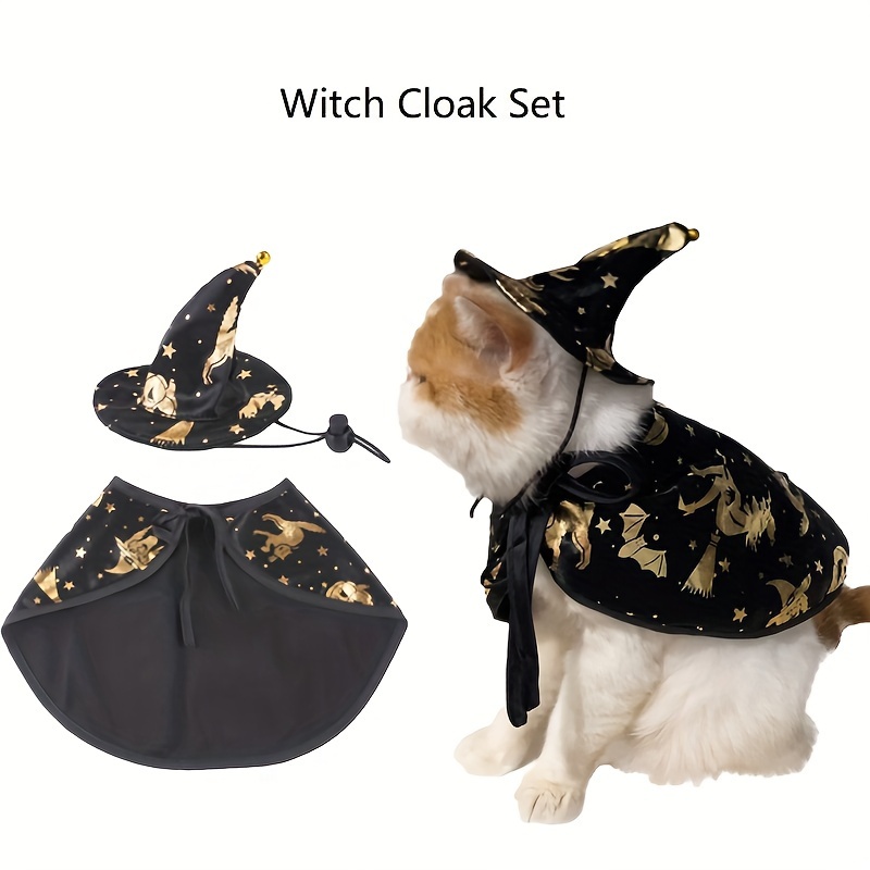 

[holiday Dressup] Adorable Halloween Costume For Cats - Black & Golden Polyester Pet Outfit With & Star Pattern Cape, Includes Matching Collar - Ideal For Small To Extra Small Breeds