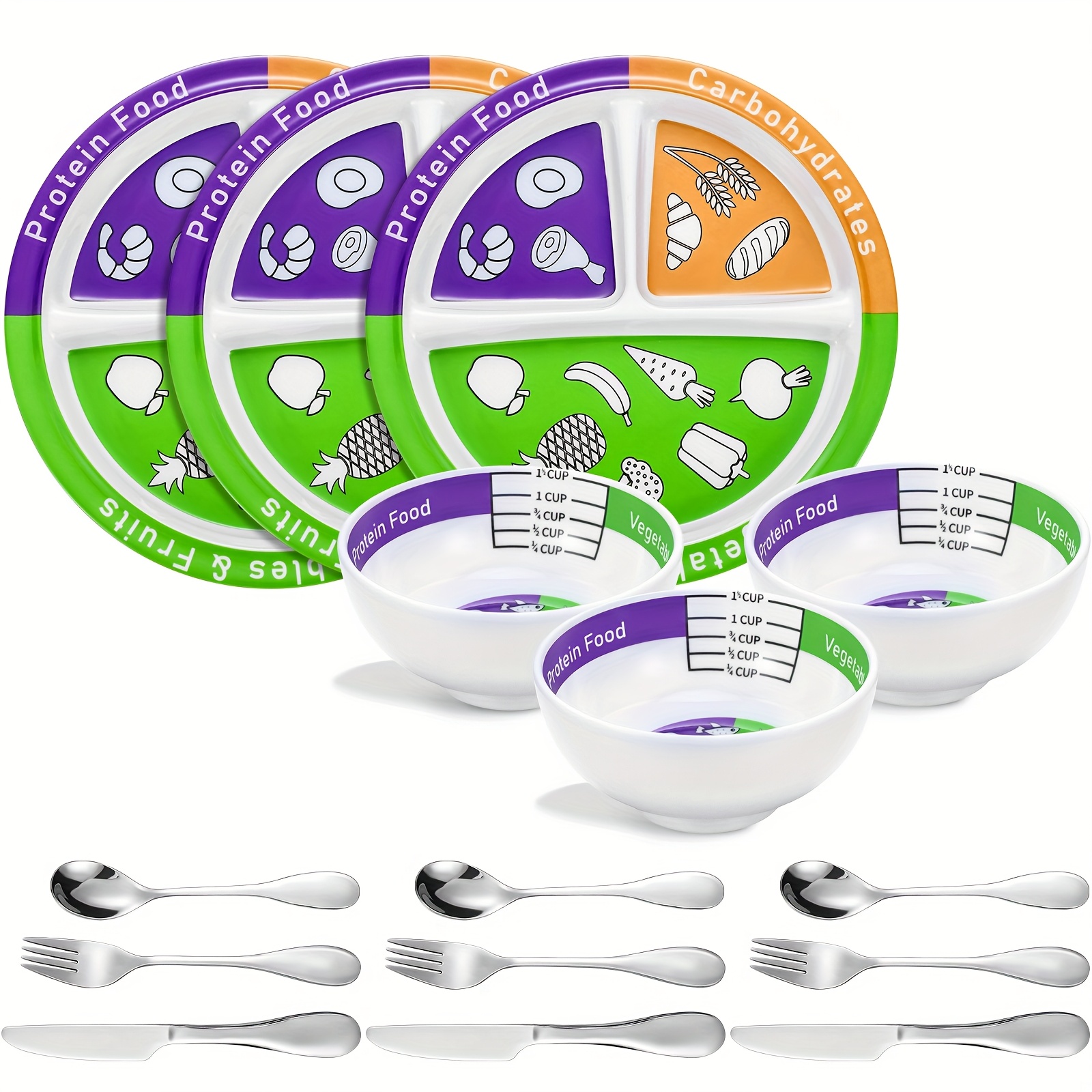 TEMU 6pcs Bariatric Portion Control Set With 3 Bariatric Plates 3 Portion Control Bowls And Stainless Steel Flatwares For Adults Diet Eating Weight Loss Serving Plans